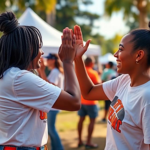 Two teammates celebrating at an outdoor charity event